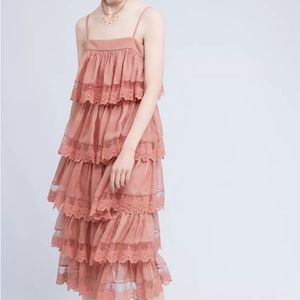 Anthropologie dress Three Floor Tiered Blush Midi romantic fairy Dress size 4
